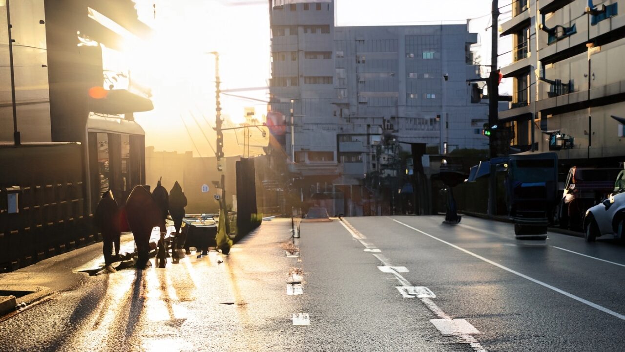 雨上がりの夕方の街